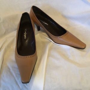 Camel colored kitten heel leather pumps